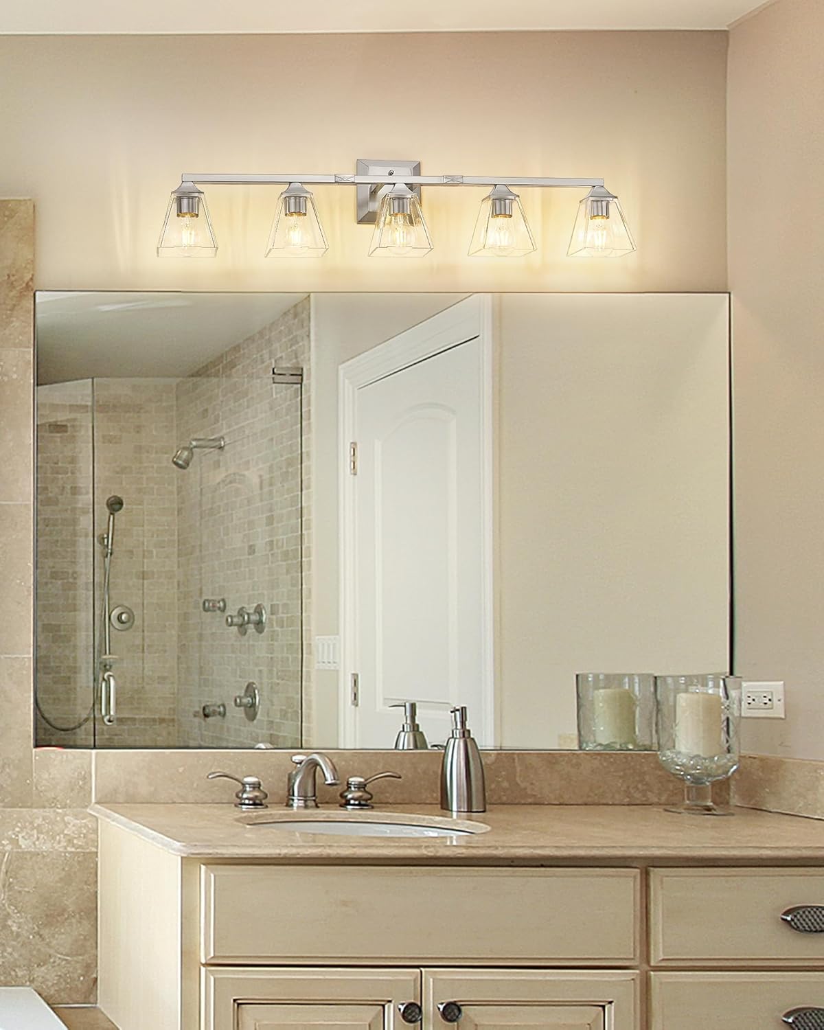 Bathroom Vanity Light 5-Light, HWH Bathroom Lighting Fixtures Over Mirror Brushed Nickel, Modern Vanity Wall Lamp with Square Bell Glass Shade, 5HY68B-5W BN