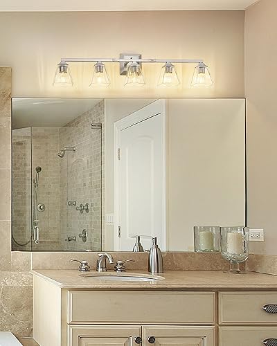 Miniatura 7 de HWH - Lámpara de tocador de baño de 5 luces, accesorios de iluminación sobre espejo de níquel cepillado, lámpara de pared moderna con pantalla de