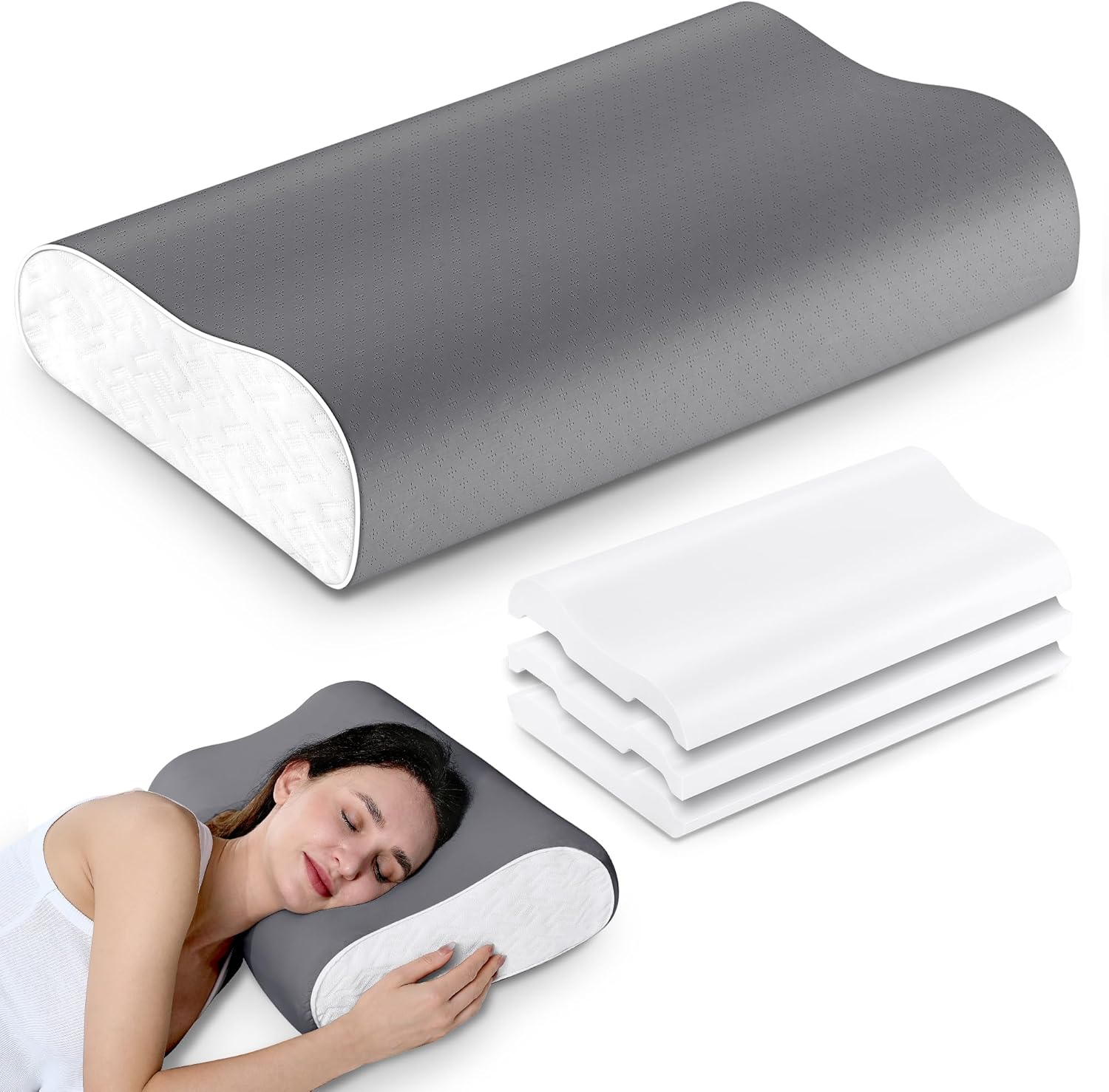 Elviros Memory Foam Pillows for Neck Pain Relief, Adjustable Height Cooling Bed Pillow for Sleeping, Ergonomic Orthopedic Cervical Neck Pillow for Side and Back Sleepers, Queen Size, 23.6"×14"×5.3"