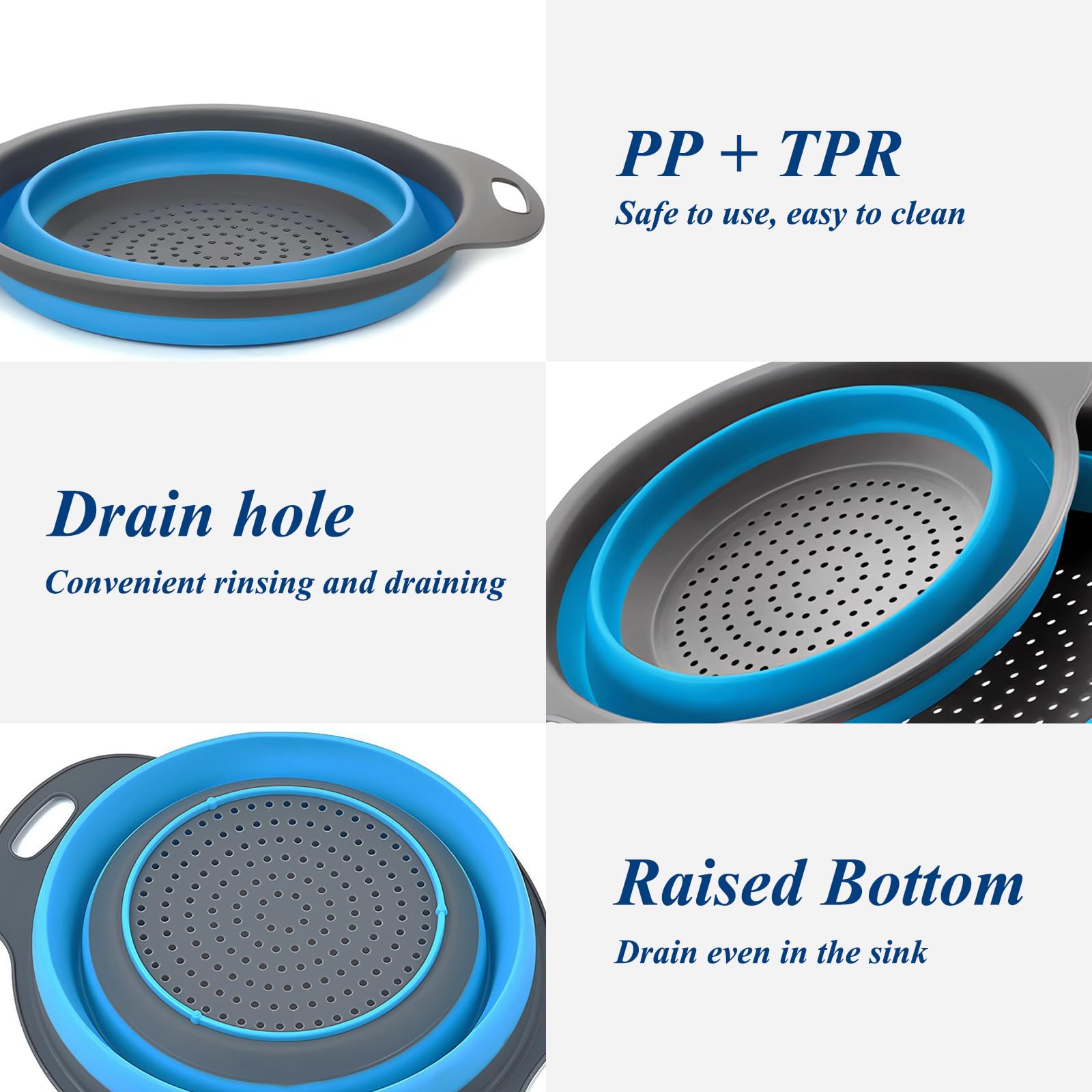 Set di 3 colini pieghevoli salvaspazio per cucina, 3 misure, colino per scolare pasta, verdura e frutta, gadget da cucina per uso domestico e campeggio all'aperto (blu)