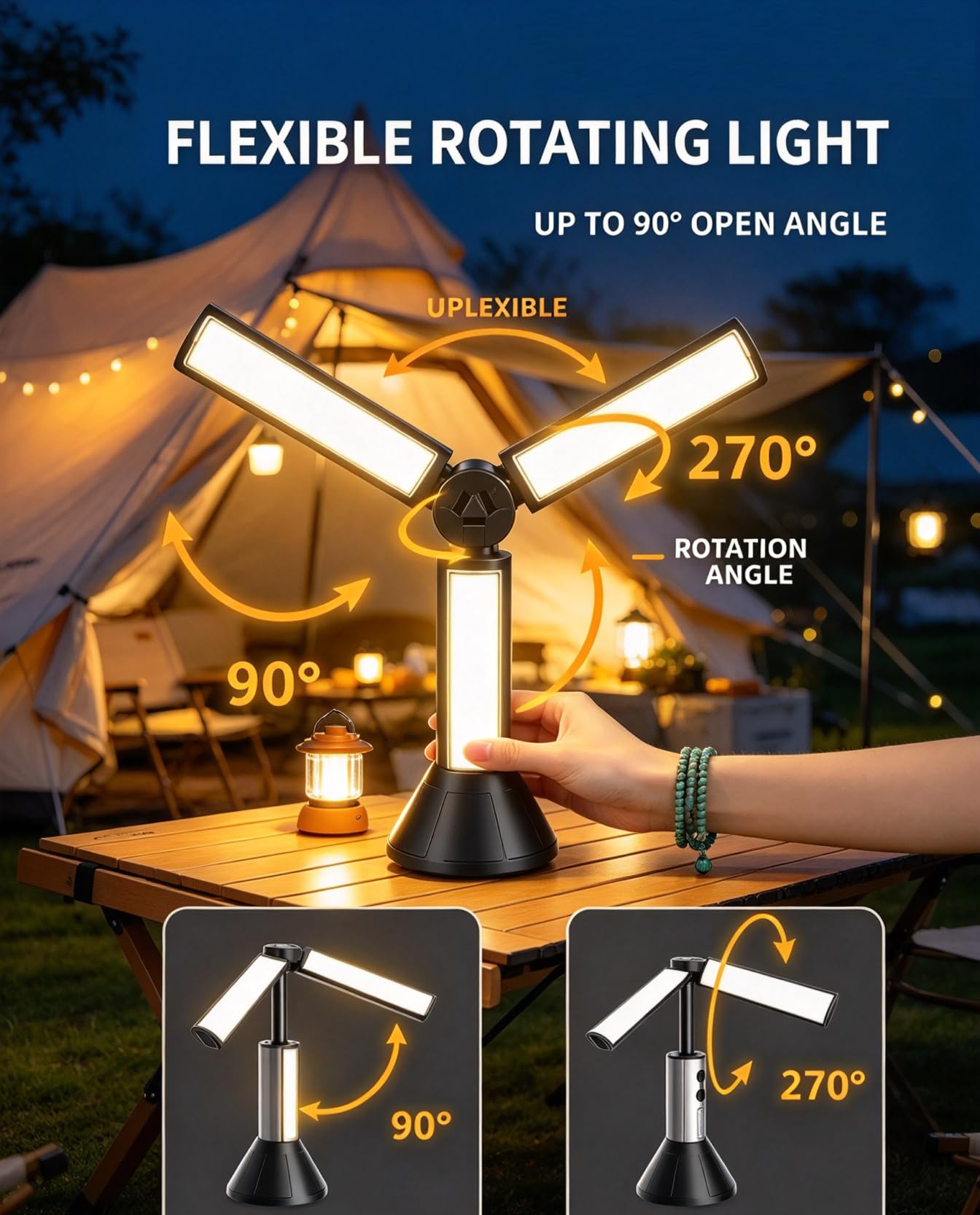 Lanterna da campeggio a LED USB-C, 2000 mAh, 3,7 V, 7,4 walt