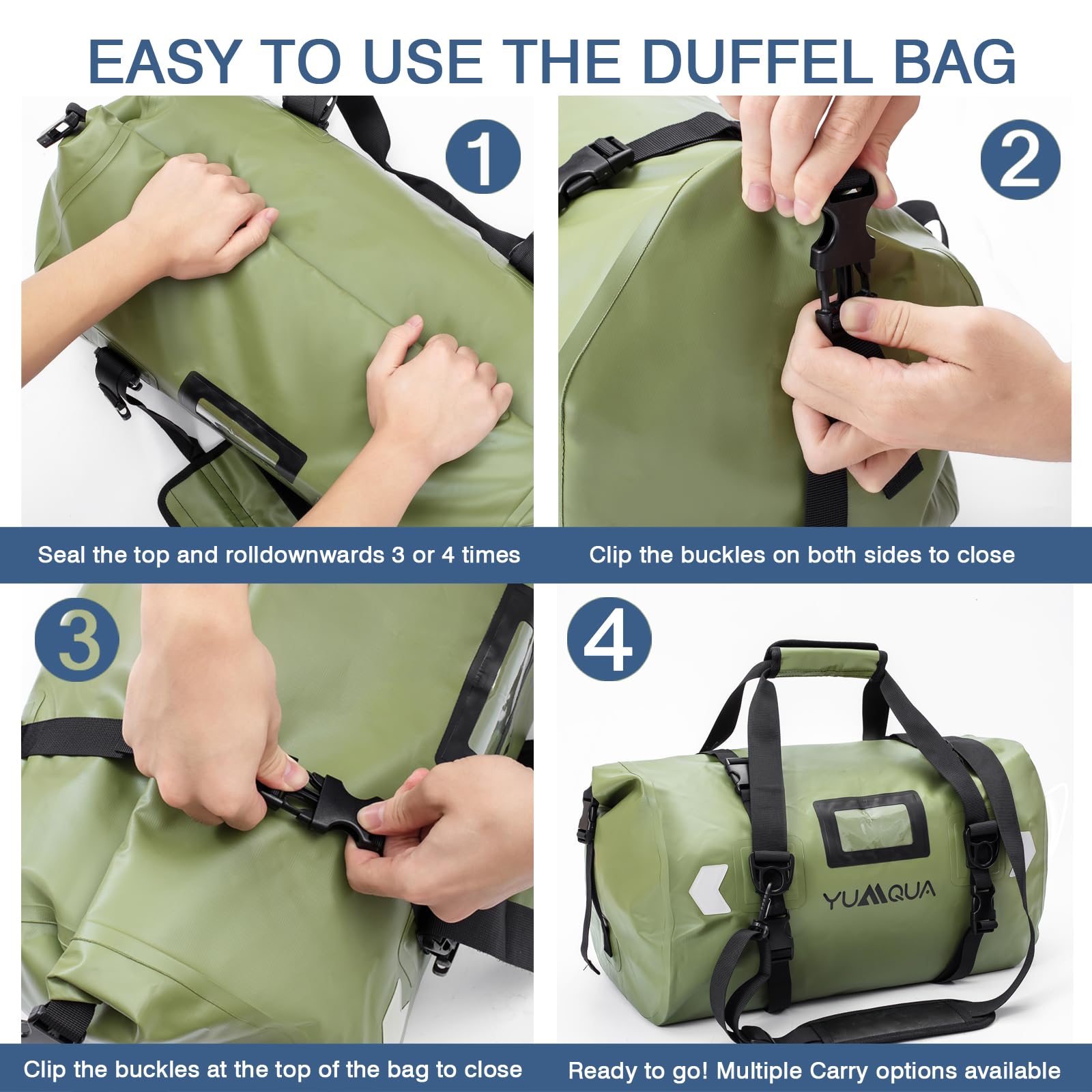 YUMQUA Bolsa de lona impermeable grande para motocicleta al aire libre, Verde militar-40L, 40L, Bolsa de lona impermeable | Bolsa de lona impermeable de PVC 500D con correa de hombro para barco, kayak, tabla de remo, pesca, camping