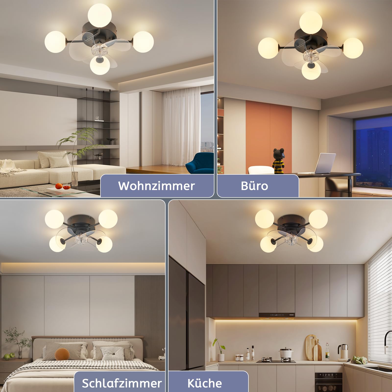Homefire Deckenventilator G9 Kugel 4 Flammig Deckenlampe mit Ventilator | Leise Deckenventilatoren, 6-Gang Timer Schwarz Küche Lampe Mit Ventilator/Fernbedienung für Esszimmer - Ohne Leuchtmittel