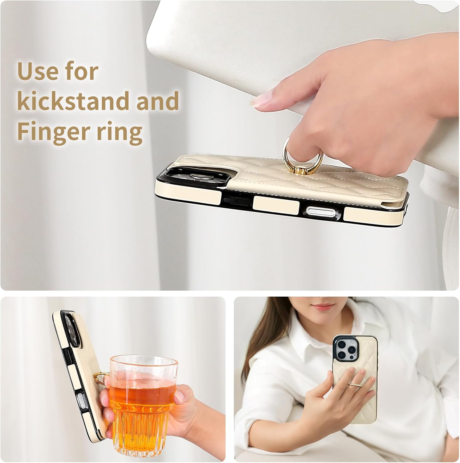 Wallet Case for iPhone 16 Pro with Card Holder, Ring Kickstand Card Slots Leather Case with Double Magnetic Clasp Shockproof Phone Cover 6.3 Inch 2024, Beige - Image 5