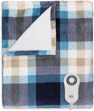 Review Serta Silky Plush Electric Heated Warming Throw Blanket Plaid Blue