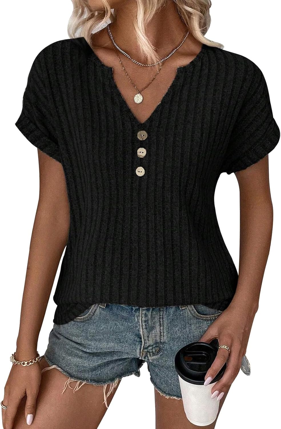 LURANEE Summer Shirts for Women, Cute Casual Top Pullover Dolman Short Sleeve Soft Sweater V Neck Blouses Trendy 2025 Vacation Knit Basic Tee Black Small