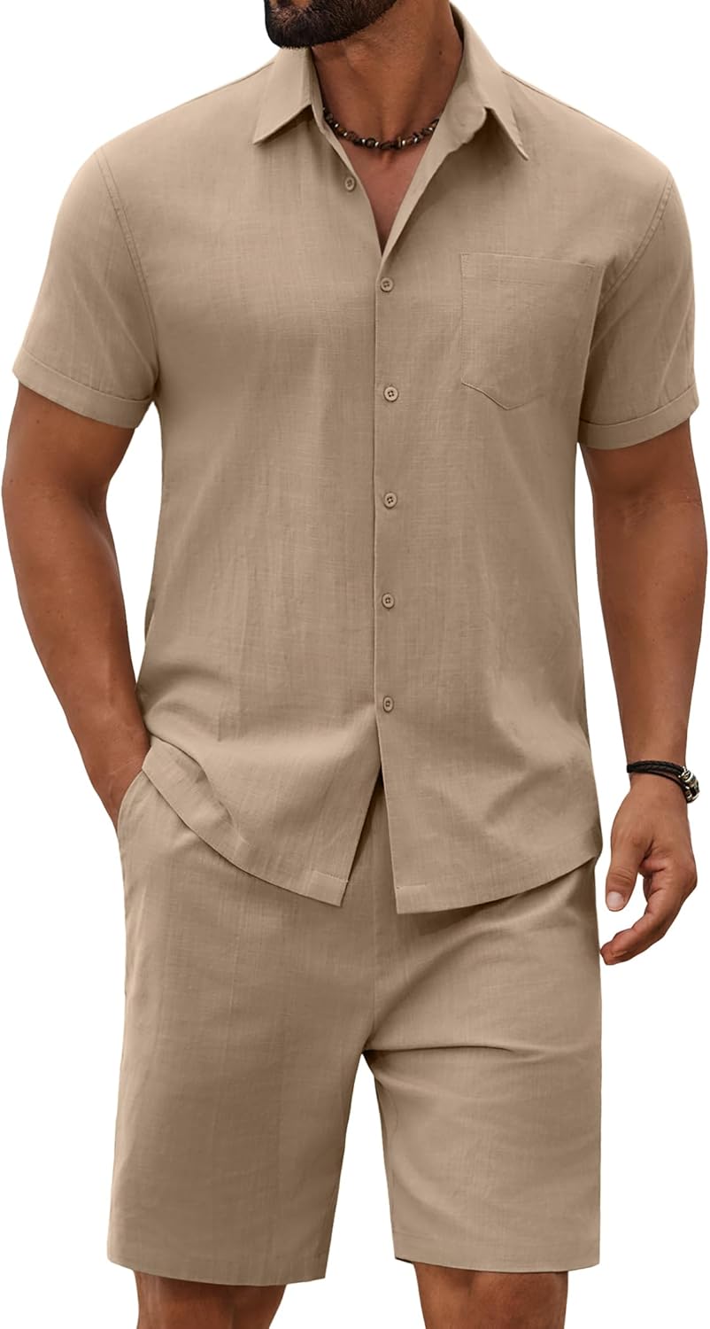 COOFANDY Men's 2 Piece Summer Outfit Short Sleeve Casual Beach Button Down Shirts and Shorts Vacation Cotton Sets