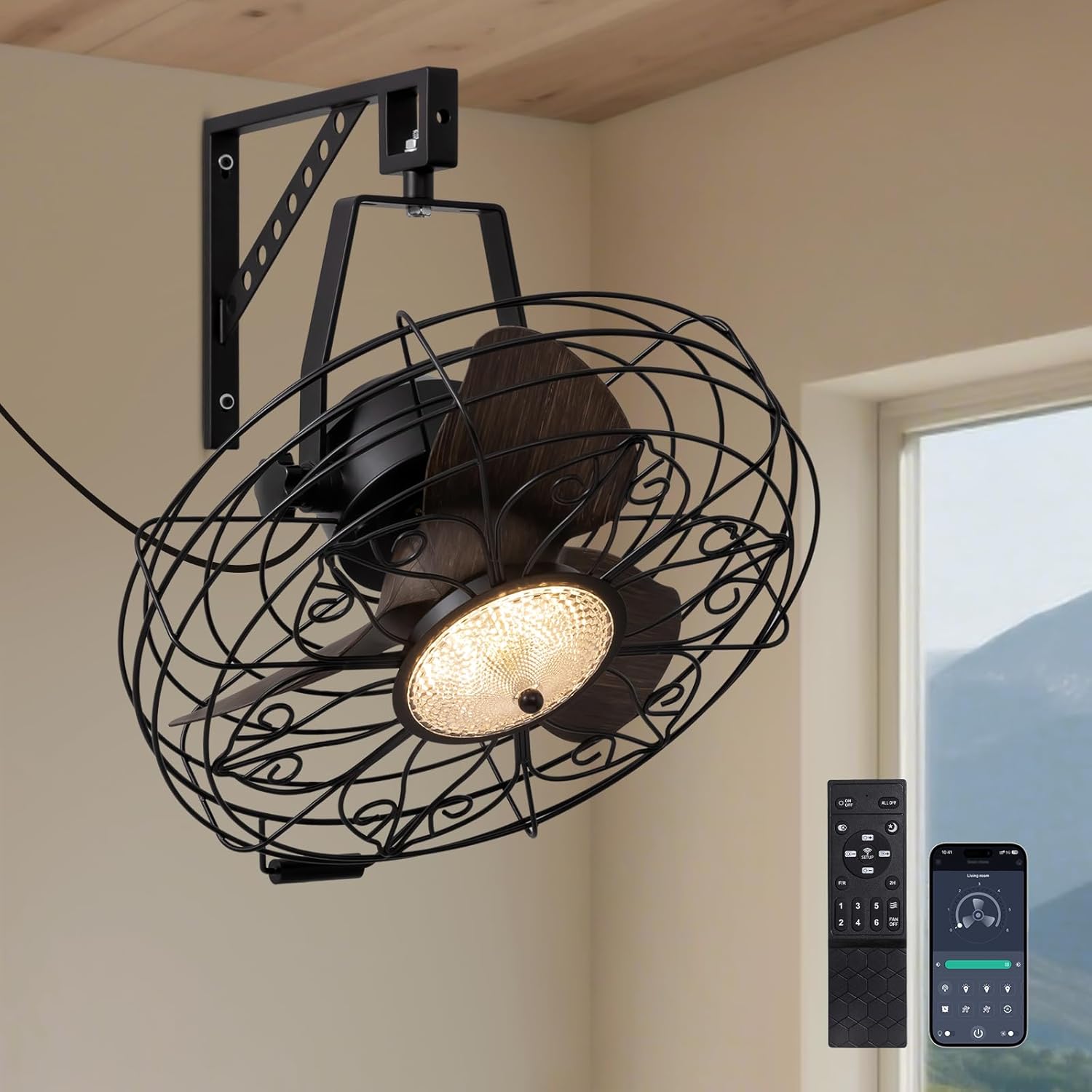 CROSSIO 20 Inch Wall Mount Fan, Adjustable Color Temperature and Brightness,6 Speed Wall Mounted Fan,360° Adjustable Tilt Plug in Ceiling Fan for Home,Warehouse, Patio,Garage