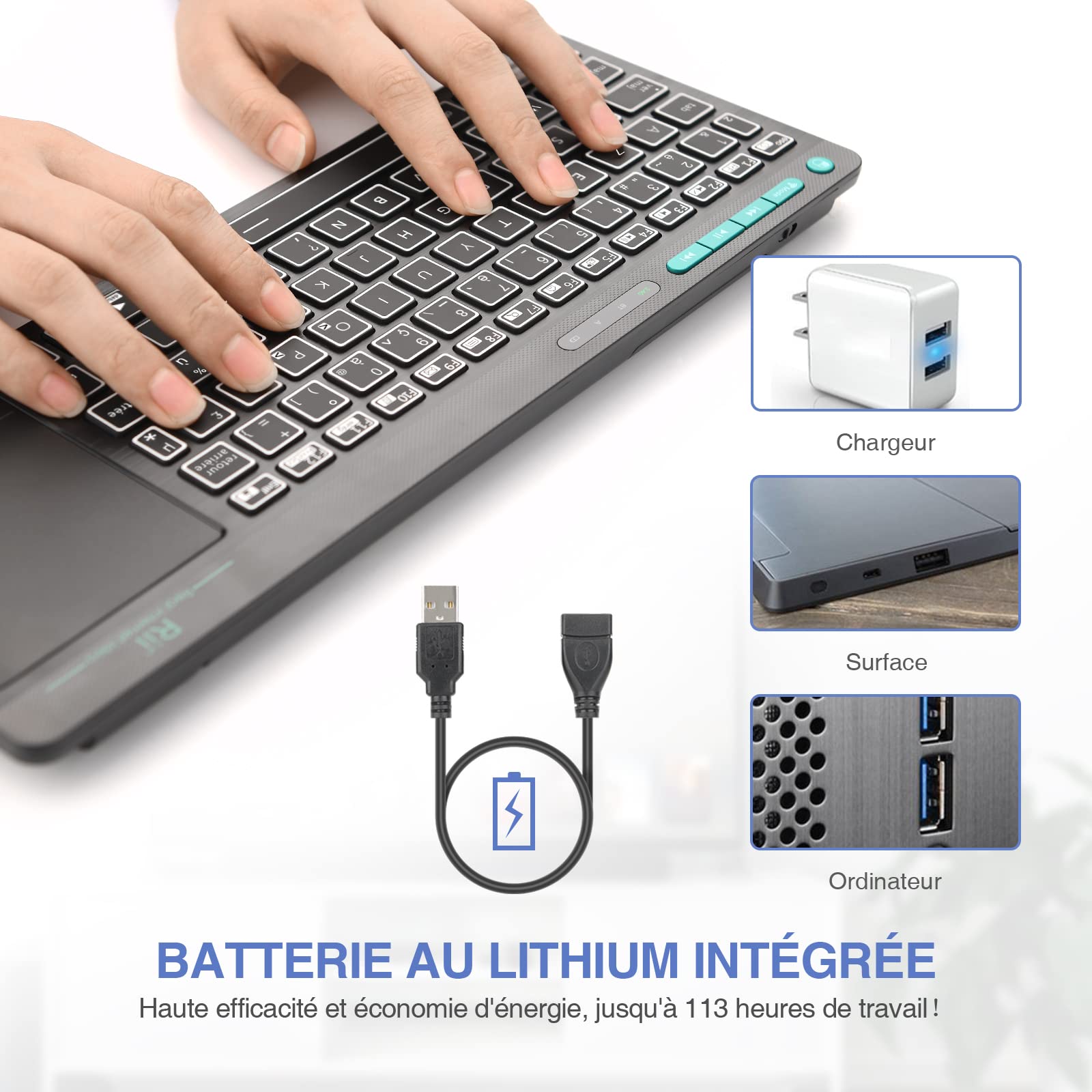 Rii K18S Clavier sans Fil Français (AZERTY) Clavier de Bureau Multi fonctionnel avec Souris Tactile de Grande Taille Intégrée Wireless, Batterie Li-ION Rechargeable (Bluetooth & 2.4 GHz)