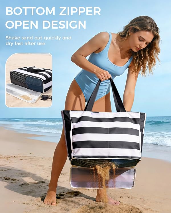 WANDF Sandproof Beach Bags for Women, Pool Tote Bag with Zipper (Black) by WANDF - Used condition - Image 4
