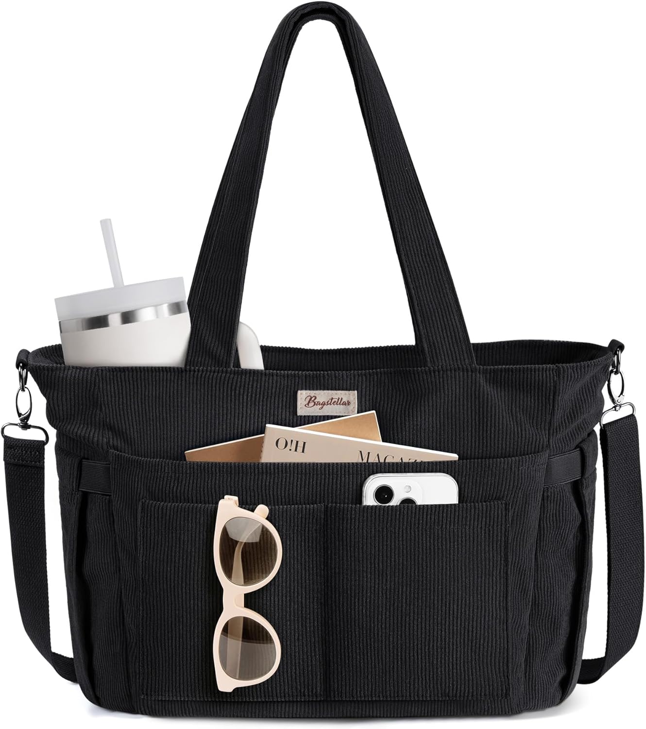 Bagstellar Corduroy Tote Bag for Women, 17 Pockets Laptop Work Tote Bag Lightweight Teacher Nurse Bible Bag for School Travel | with 40oz Cup Holder, Multi Compartment, Zipper Crossbody Bag, College Shoulder Bag, Daily Purse w/ Strap, Ideal Gift for Women