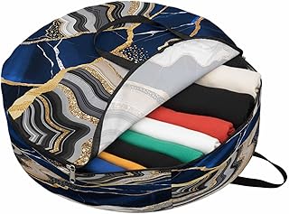 Storage Bag Blue Marble Texture Round Storage Totes Bins Closet Organizers with Zippers & Handle Abstract Gold Fluid Clothes Storage Container for Bedroom Dorm Space Saving Packing Supplies Bags