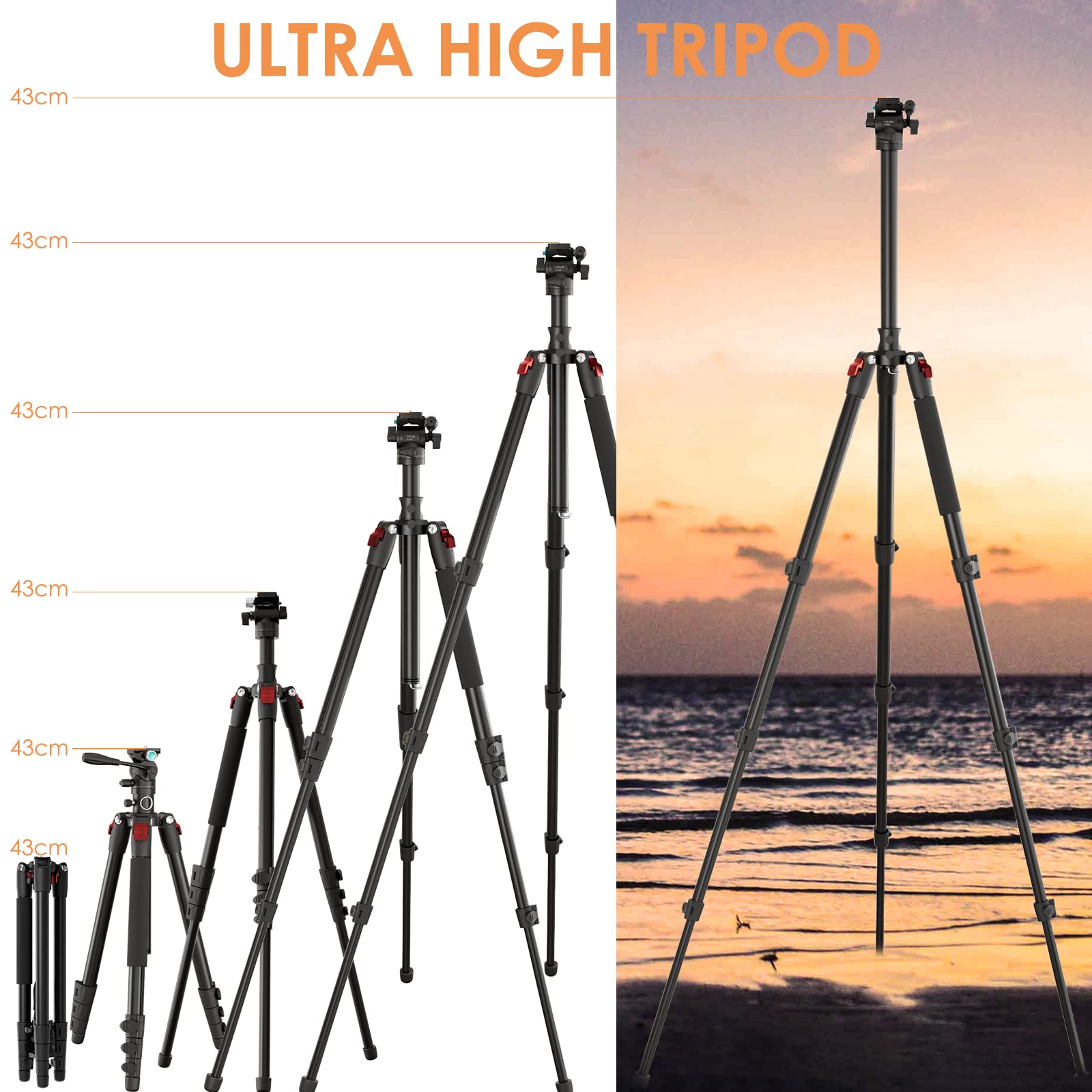Heavy Duty Video Tripod, HTURS 3-in-1 Horizontal Video Tripods,69" Aluminum Travel Tripod Holder with Fluid Head, Rotatable Center Column, 4 Section Professional Tripod Stand for DSLR Camera Camcorder
