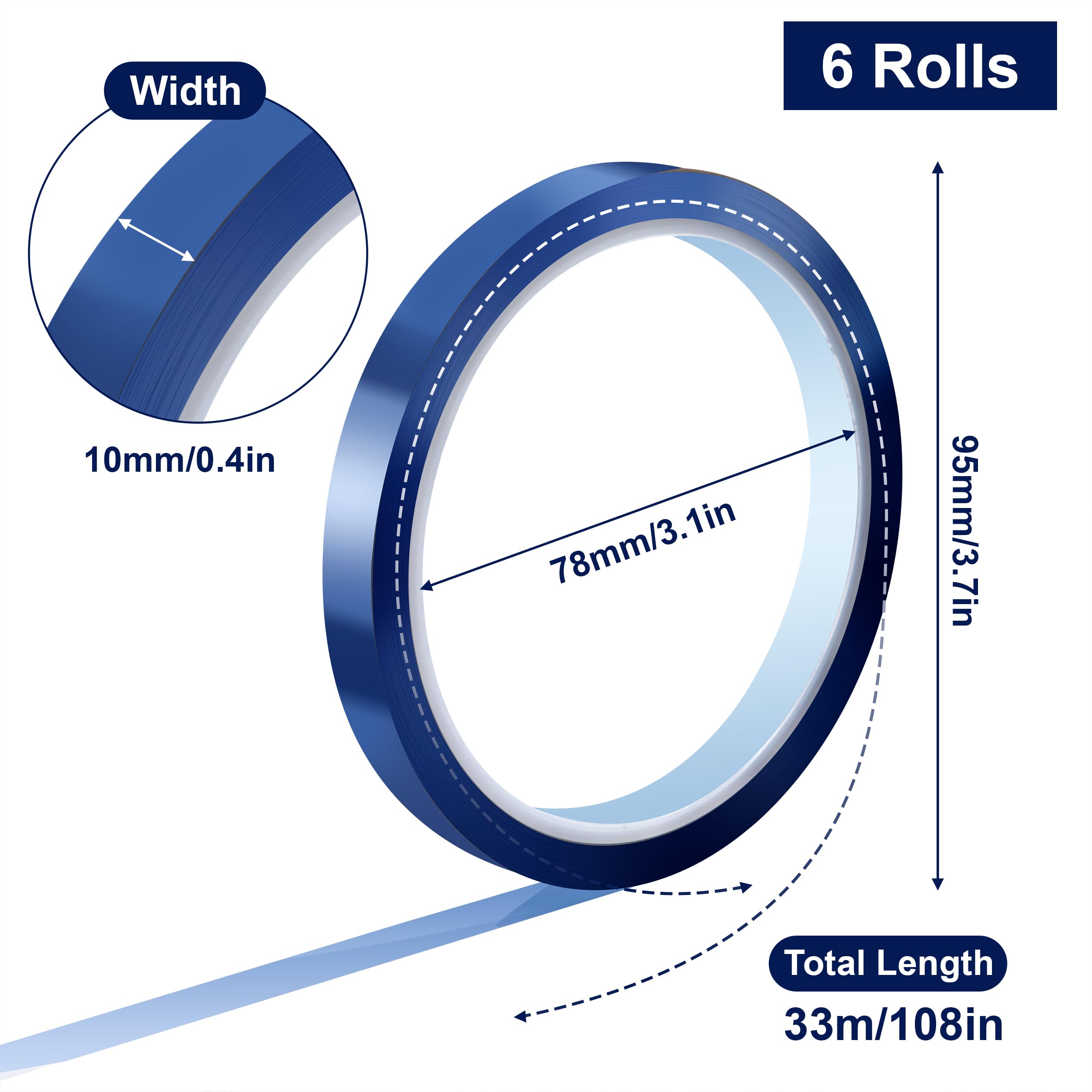 Cintas Térmicas de Azul, 6 Rollos 10 mm x 33 m Cinta Adhesiva Alta Temperatura, sin Residuos, Cinta Resistente Al Calor, sin Residuos, para Sublimación, Soldar, Pintura, Placas de Circuito