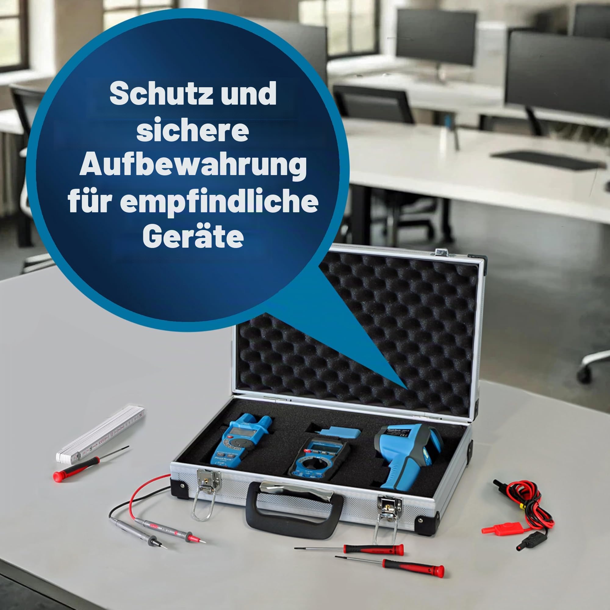 PeakTech P 7265 Alukoffer – abschließbarer Universal-Transportkoffer mit Würfelschaumstoff – tragbarer Fotokoffer – robuster Alu Koffer mit Schutz vor Regen und Staub – Groß (390 x 280 x 100 mm)