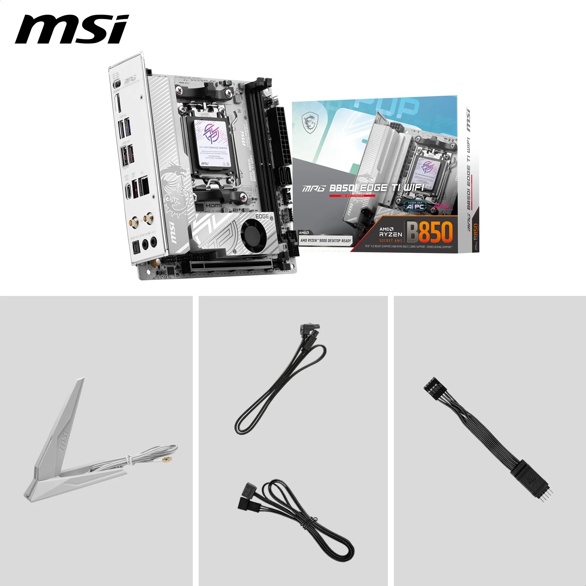 MSI Płyta główna MPG B850I EDGE TI WIFI, ATX - Obsługuje procesory AMD Ryzen 9000/8000/7000, AM5-90A SPS VRM, DDR5 Memory Boost (8200+MT/s OC), PCIe 5.0 x16, M.2 Gen5, Wi-Fi 7, 5G LAN