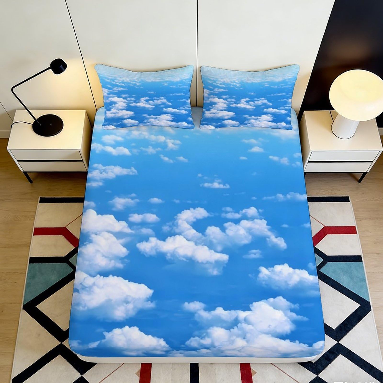 Jqzkxnhpbr Style-10 3D Printed Blue Sky Cloud Fitted Sheet Microfiber Soft Breathable White Cloud Mattress Cover Bedroom Decor 90X200x25cm