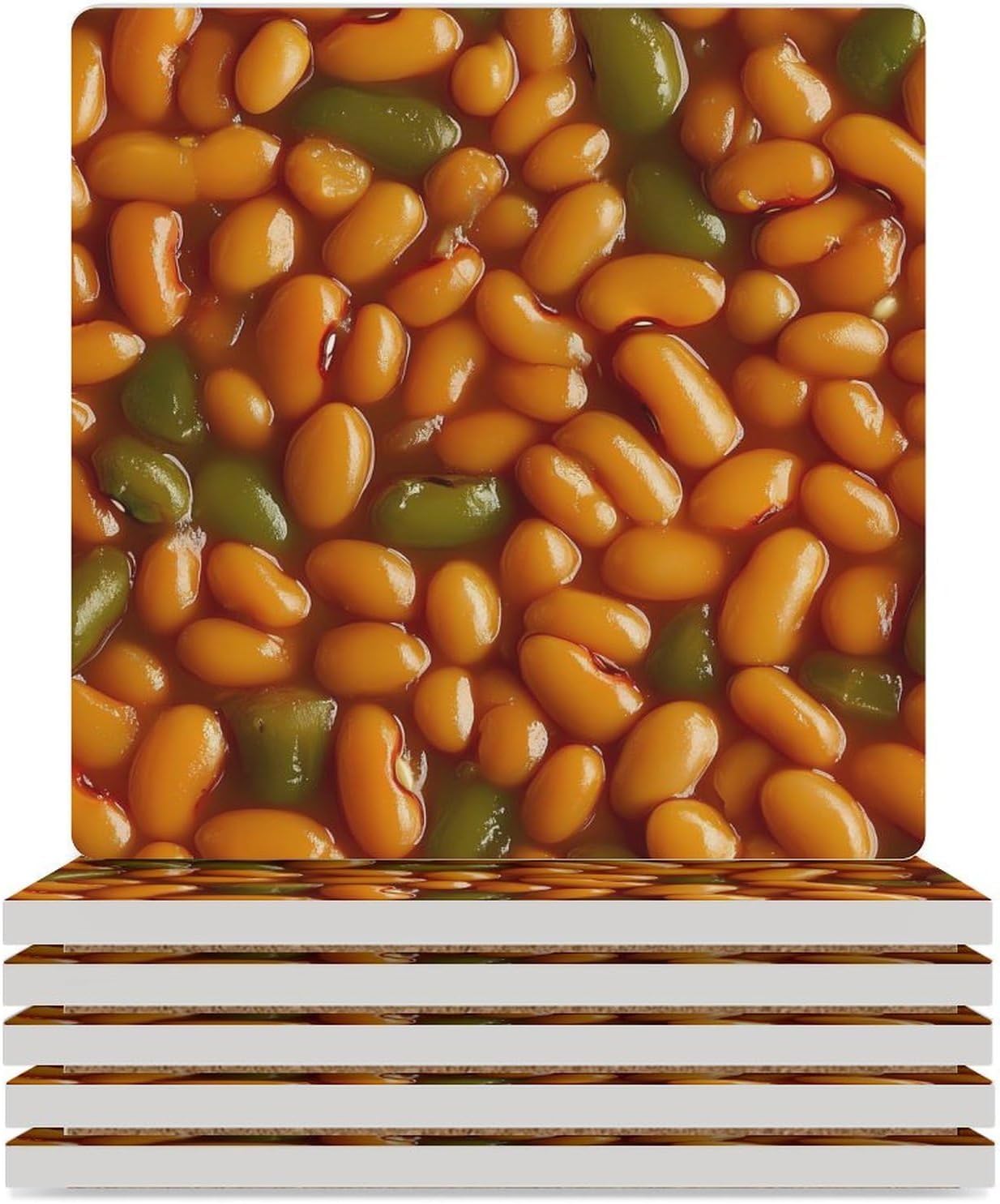 Baked Beans Food Funny Ceramic Coasters for Drinks Absorbent Cup Holder Tabletop Protector with Cork Base