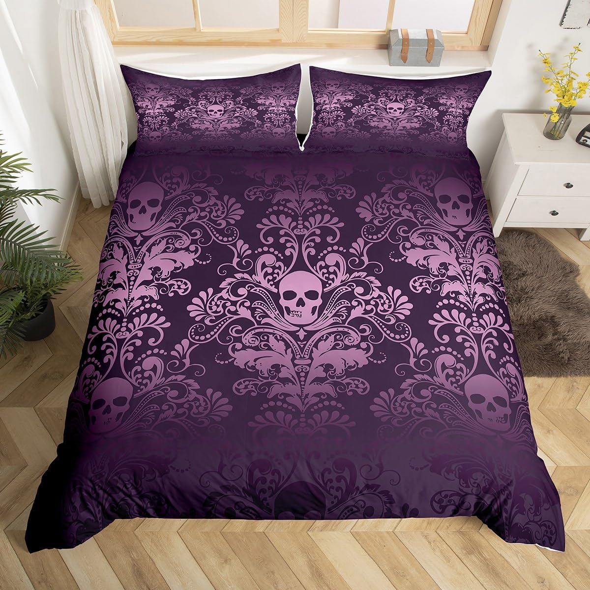 Juego de cama de calavera de azúcar exótica con acabados textiles de lujo
