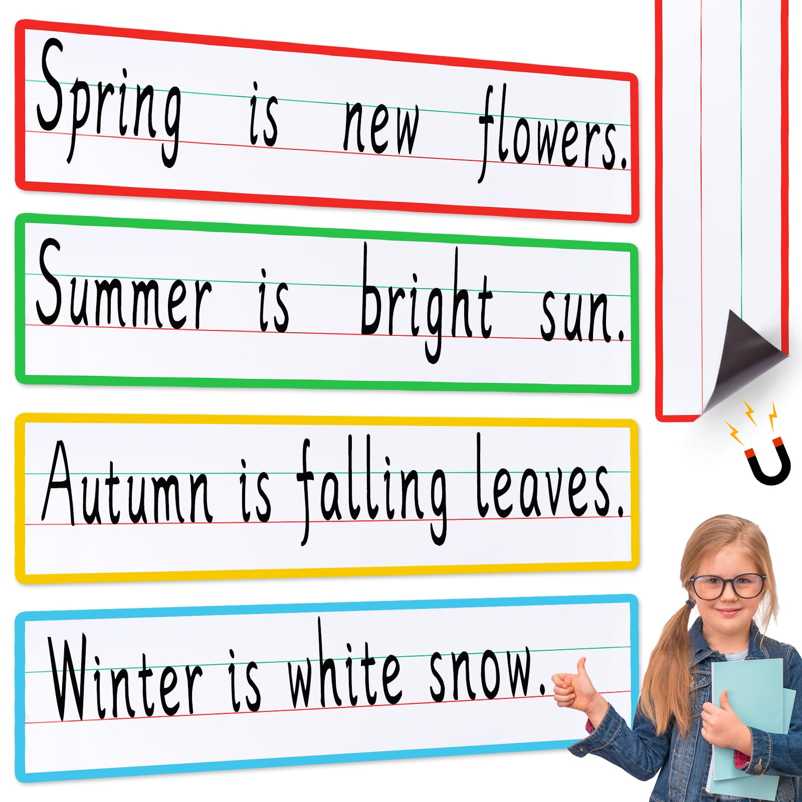 4 Sheet Dry Erase Magnetic Sentence Strips for Classroom Whiteboard & Fridge Handwriting Lined Paper for Home Teacher Must Haves Word Alphabet Practice Tool(4.1×14.2inch)