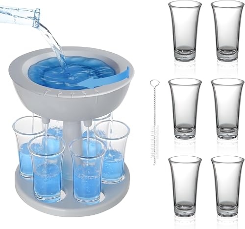Dispensador de bebidas para 6 vasos de chupito, dispensador de líquidos ajustable, vertedor de chupitos con 6 vasos acrílicos coloridos, adecuado