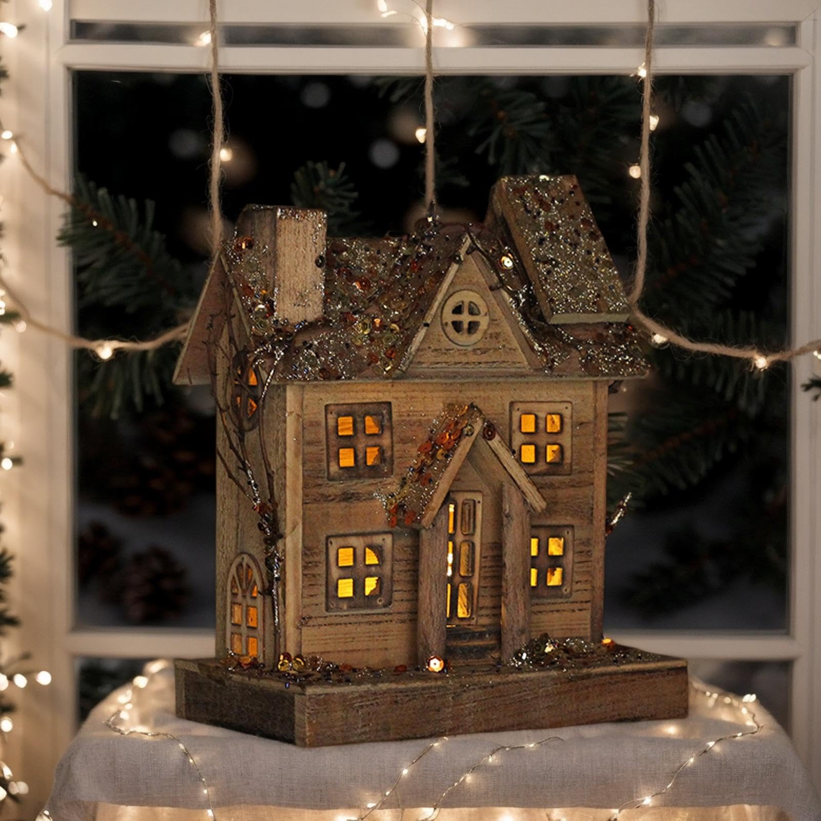 las casas de Navidad,Casa de madera iluminada de Navidad | Figura de