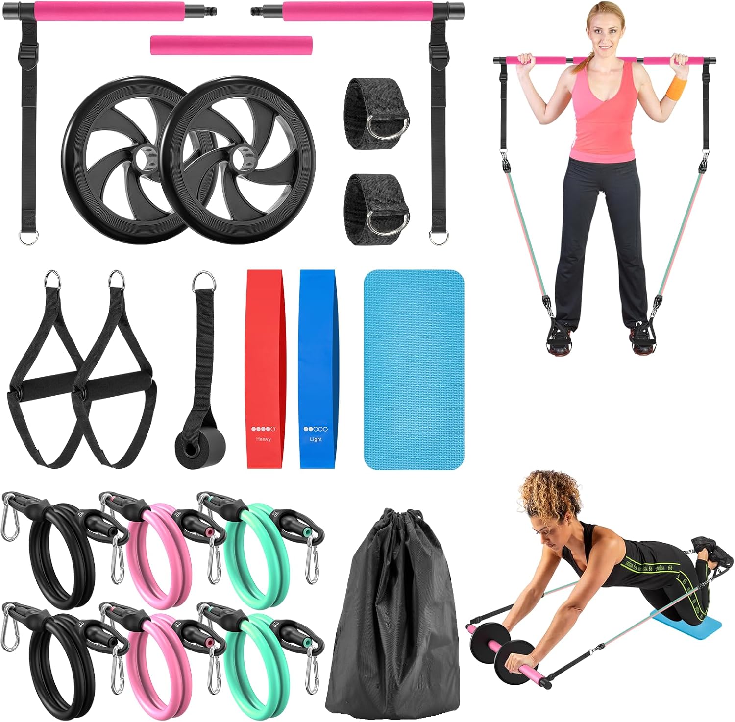 Pilates Bar Kit with Resistance Bands,Pilates Kit with Ab Roller Multifunctional Pilates Bar Pilates Stretch Fusion Bar Pilates Equipment for Home Workouts Women and Men