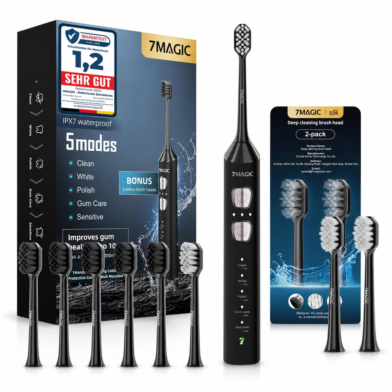 7MAGIC Spazzolino Elettrico Sonico Nero con 5 Modalità, 3 Livelli di Intensità, Autonomia fino a 180 Giorni, 40.000 Vibrazioni/Min, 8 Testine Incluse (6+2 Testine di Ricambio Originali)