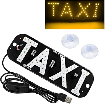 Taxi LED Sign Decor, 5V Bright Taxi LED Signal Light USB Charging Lamp with Suction Cups, Taxi Sign Indicator Light Flashing Hook on Car Window Windshield for Driver Yellow