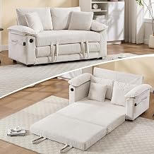 58" Chenille Comfy Sleeper Sofa Bed with USB Ports and Side Pockets for Small Spaces, Folding Pull-Out Couch with Deep Seat & 4 Pillows, Stylish Sleeper Sofa for Living Room, Apartment, Dorm Cream