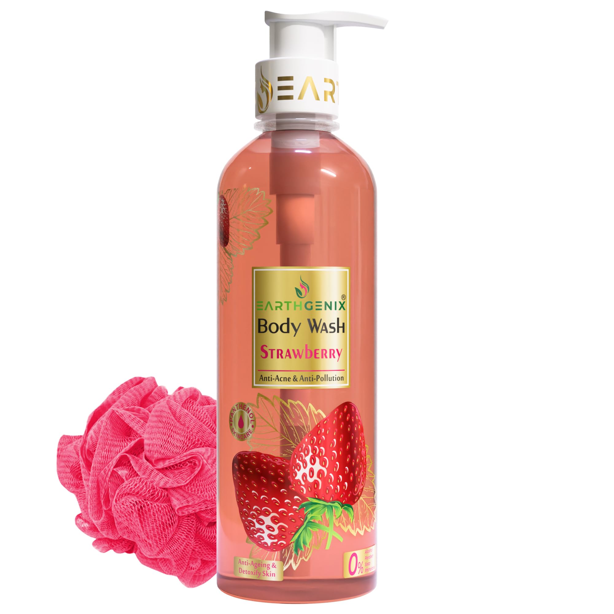 Earthgenix Body Wash Strawberry 500ml, (Loofah Free), For Anti-Acne & Anti-Pollution, All Skin Type, For Men And Women