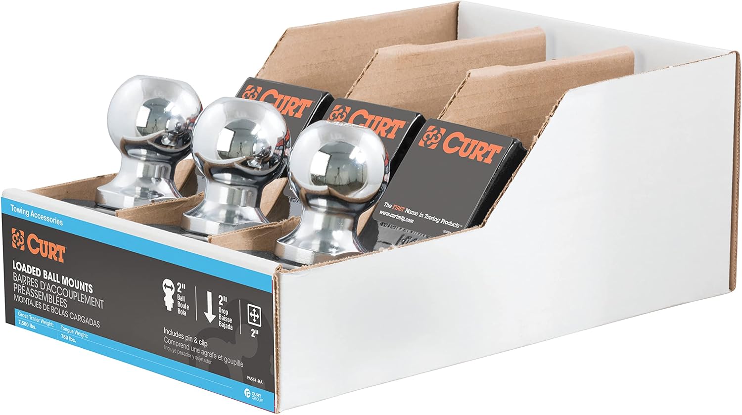 CURT 45037 Trailer Hitch Mounts with 2-Inch Ball & Pin, Fits 2-In Receiver, 7,500 lbs, 2" Drop, 3-Pack, Black
