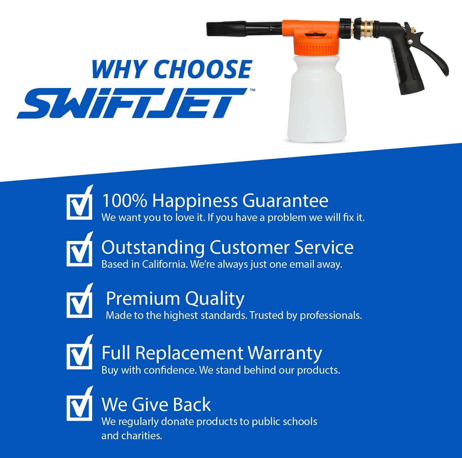 SwiftJet Pistola de espuma para lavado de coches + guante de lavado de microfibra – Pulverizador de espuma para coche – Kit de lavado de coches – Pistola de manguera de jardín – Accesorios para coche