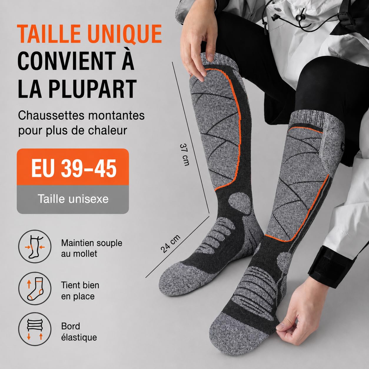 Chaussettes Chauffantes Rechargeables pour Homme Femme (Gris/Orange)
