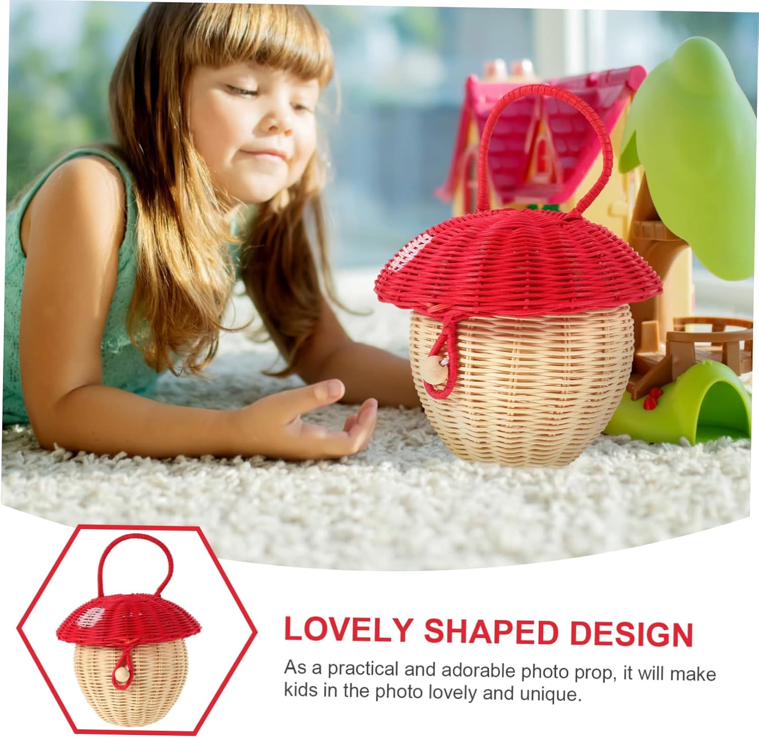 Woven Mushroom Handbag for Boys and Girls Adorable Rattan Storage Basket Creative Photo Prop Unique Decor for Candy Toys Random Bead Colors