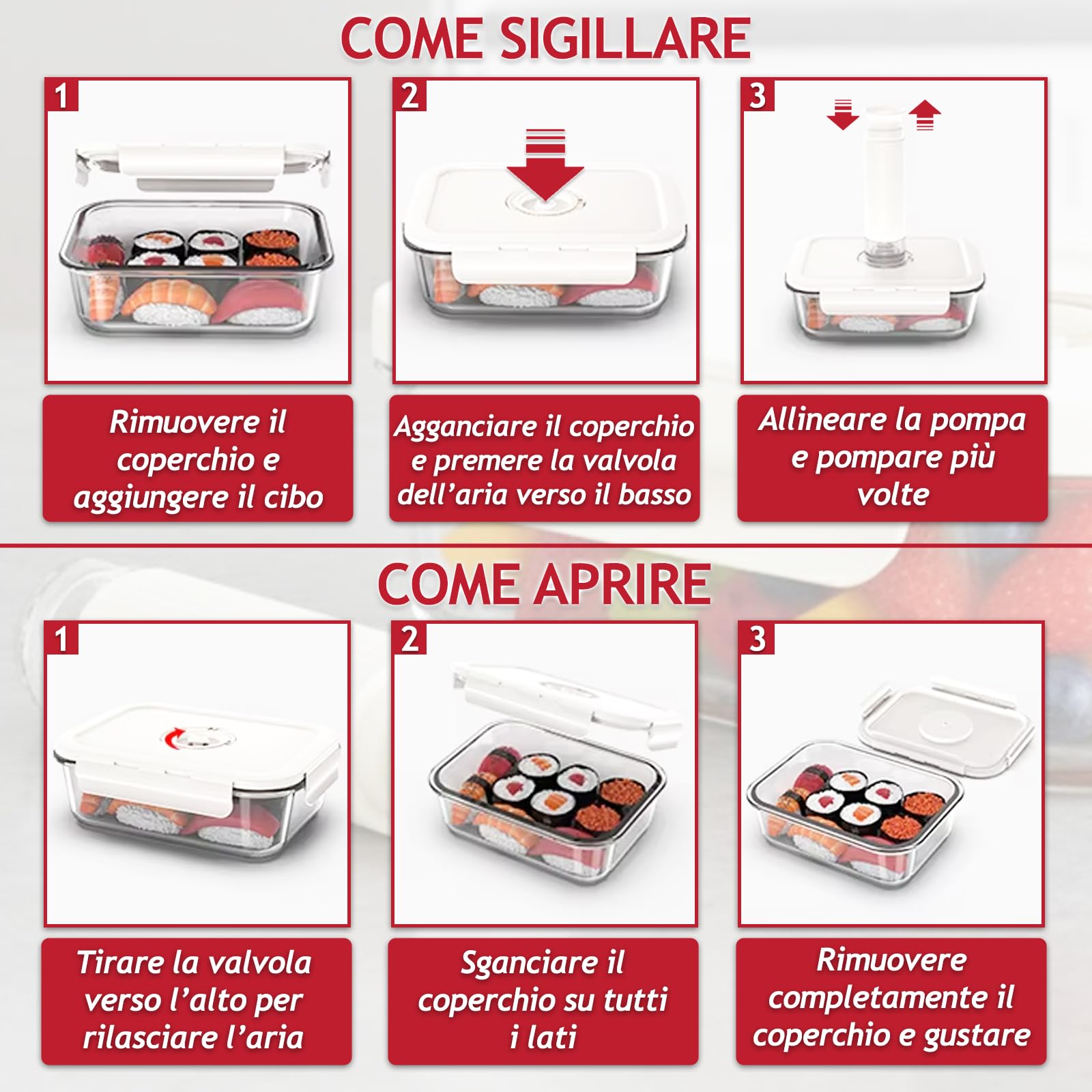 SPARES2GO Contenitori in vetro per alimenti sottovuoto con coperchi a clip di sicurezza (confezione da 5, medi, 1040 ml) + pompa sigillante manuale