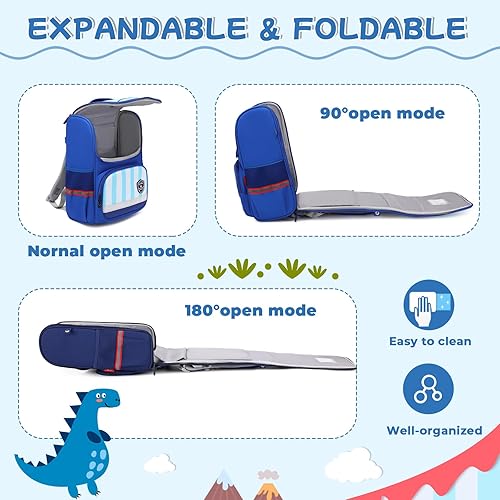 Miniatura 7 de Mochila para niños, mochila escolar abierta para niños y niñas para escuela primaria y primaria, mochila escolar de dibujos animados, Dinosaurio