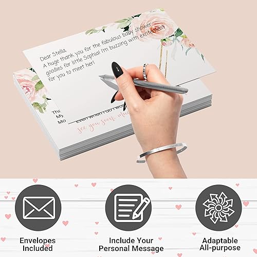 Miniatura 4 de Tarjetas de agradecimiento con sobres (25 unidades) con diseño floral y elegante mensaje preimpreso de niñas con espacio personalizable para notas