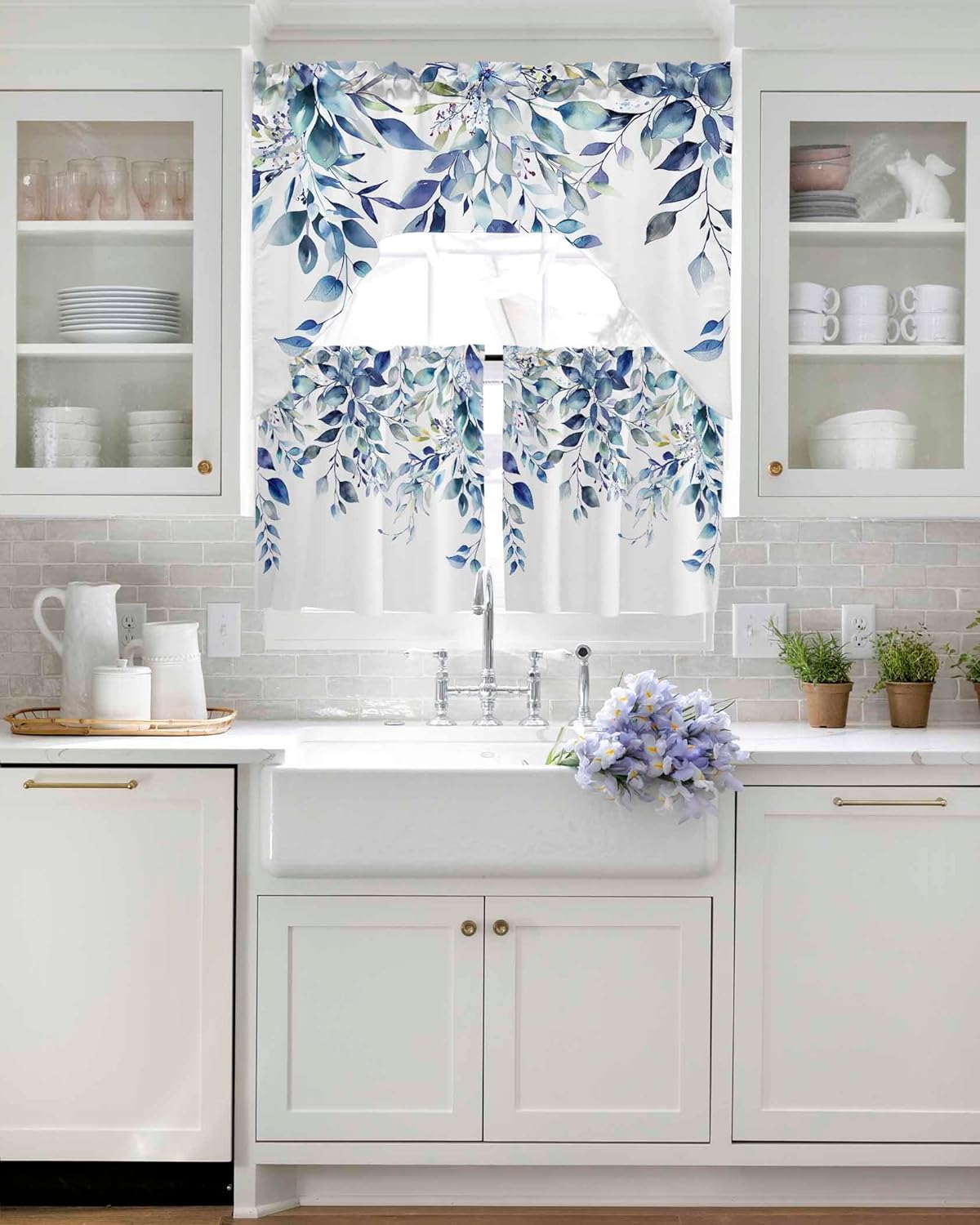 Blue Eucalyptus Leaves Swag Kitchen Curtains Valance and Tier Set 24 Inch Length, Summer Floral Rod Pocket Swag Curtains for Living Room Bedroom Bathroom Window Drapes 3 Piece Watercolor Botanical