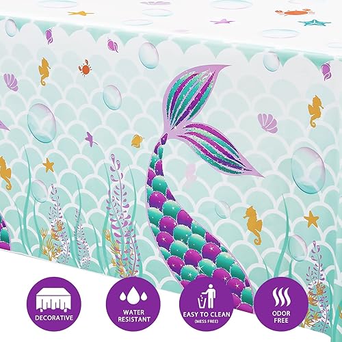 Miniatura 2 de WERNNSAI Mantel de mesa de sirena, paquete de 2 manteles de plástico estampados desechables de 108 x 54 pulgadas, suministros de fiesta para niños y