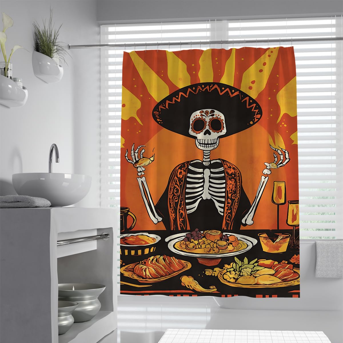 Tende Doccia Teschio Arancione Messicano Day of The Dead 200x200cm
