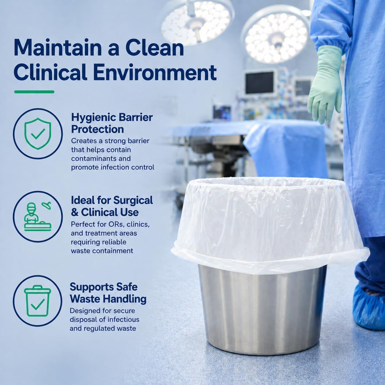 Disposable Kickbucket Liner Bags 250 Count Clear 16x30 Inch, Medical Waste Liners, Heavy Duty Disposable Bags for Surgical, Hospital, Clinical, Janitorial Use