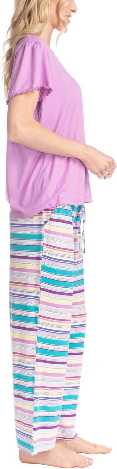 MUK LUKS Short Sleeve Pajama Set 2-Piece, Ruffle Sleeve Shirt and Capri Sleep Pants, Artistic Garden, Pijamas Capri de Mujer
