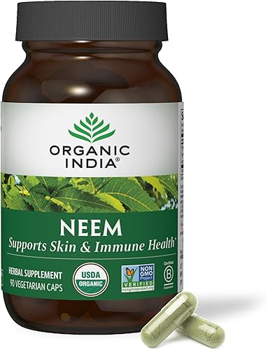 ORGANIC INDIA Neem Leaf Cápsulas Suplemento de hierbas, apoya la salud de la piel y el sistema inmunológico, vegano, sin gluten, certificado
