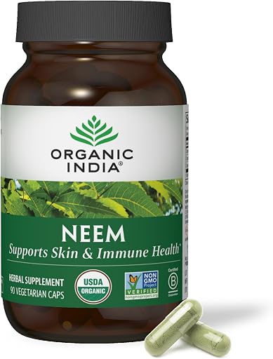 ORGANIC INDIA Neem Leaf Capsules - Herbal Supplement, Supports Skin & Immune Health, Vegan, Gluten Free, USDA Certified Organic - 90 Count