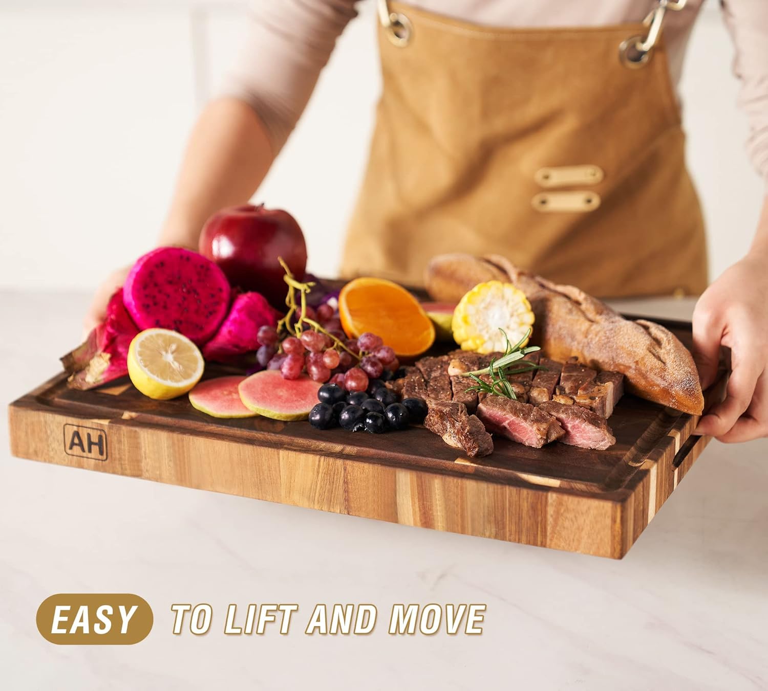 AZRHOM Large Thick End Grain Acacia Wood Butcher Block 17x13x1.5 in Wood Cutting Board for Kitchen with Non-slip Mats Juice Groove & Handles (Gift Box)