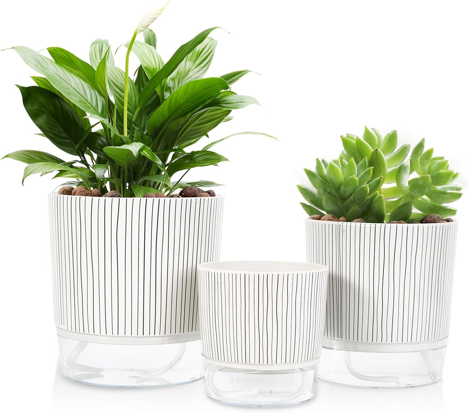 Self Watering Pots for Indoor Plants, 6 & 5 & 4 Inch Stylish Flower Pots, Set of 3 Modern Planters with Self-Watering Feature (Black Stripes)