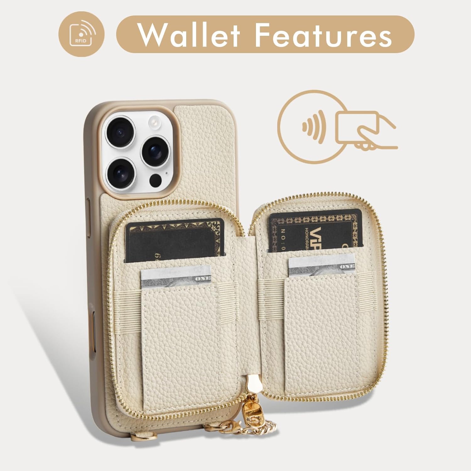CUSTYPE for iPhone 16 Pro Wallet Case for Magsafe, Detachable Magnetic Card Holder Crossbody Phone Case with Pouch Set for Women, 6.3'' Beige