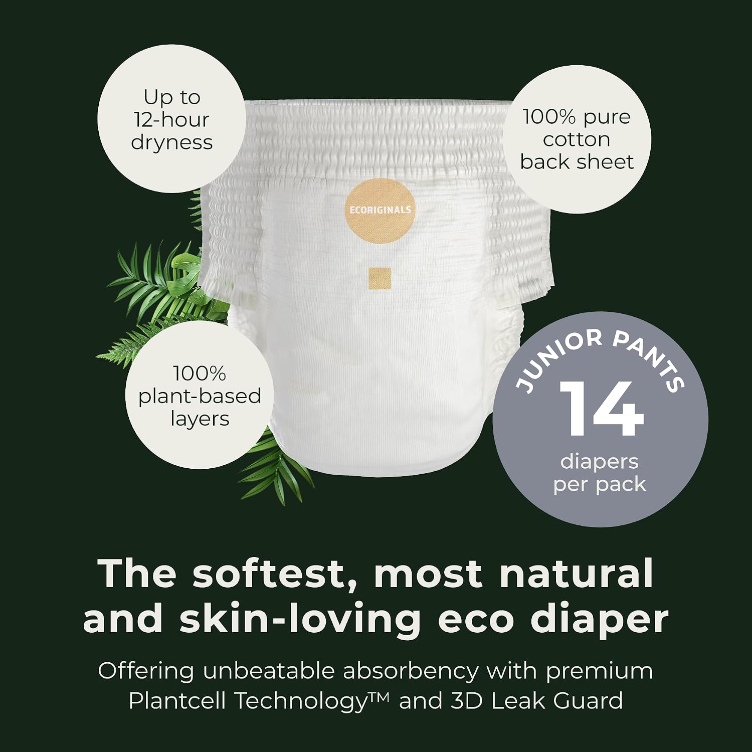 Ecoriginals - 84 Eco Junior Pull-Ups - Trainer Pants with 100% Plant-Based Layers, Disposable Diaper & Hypoallergenic Kids Toilet Training Pants - Secure Fit Size 6 Easy Ups (35 lb+), 6 Pack
