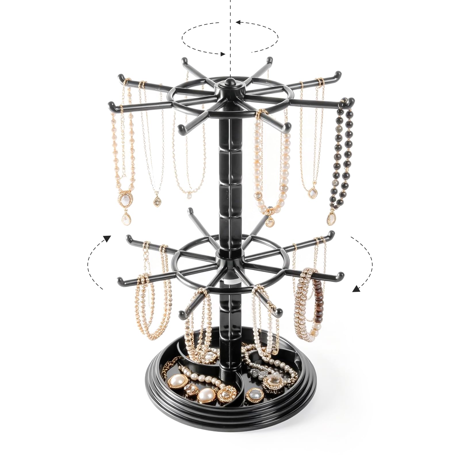 2-Tier Rotating Jewellery Stand Organiser - Foldable Black Necklace Display Stand & Holder with 360° Spinning Base, Earrings, Bracelets, Necklace, Keychains Display Stand for Malls Dressing Table